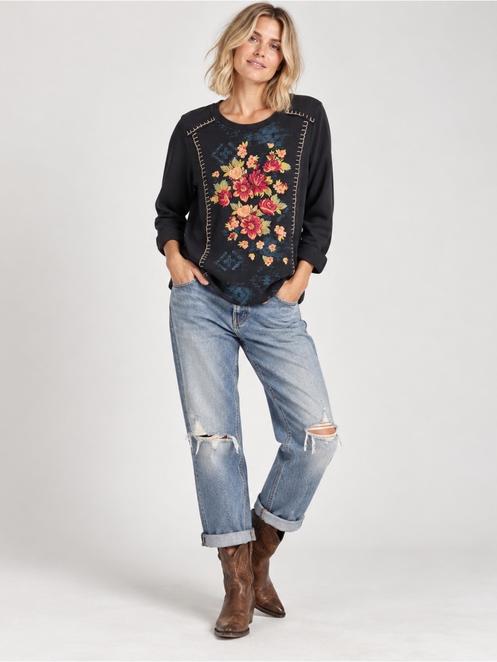 Double D Ranch Embroidered Floral Sweatshirt Untamed Territory Black Size Small